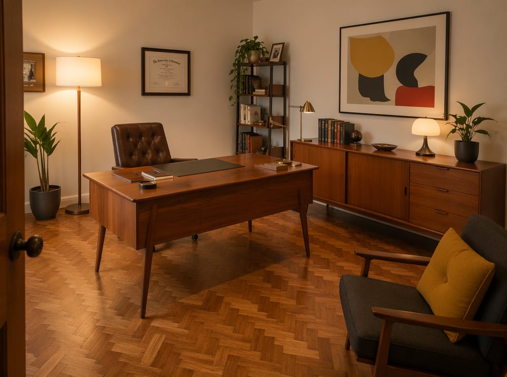 Scrivania in teak angolata in ufficio mid-century modern