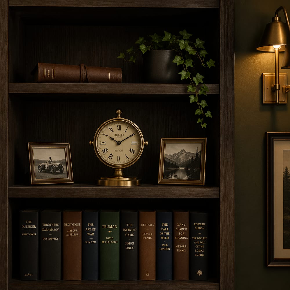 Mensole espresso con libri, orologio e pianta