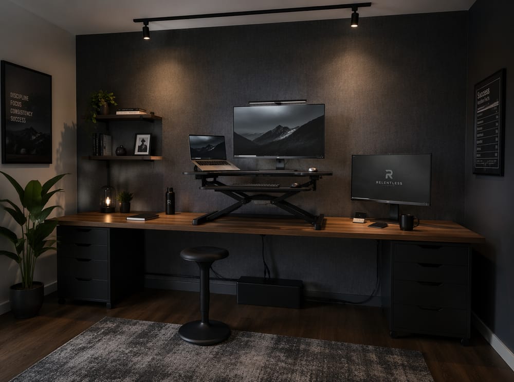 Convertitore standing desk sopra superficie in noce
