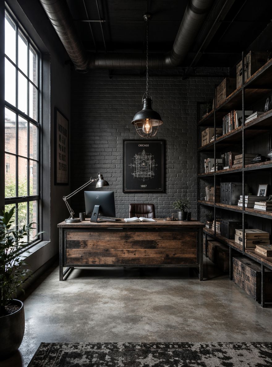 Scrivania in acciaio grezzo in loft industriale con condotti a vista