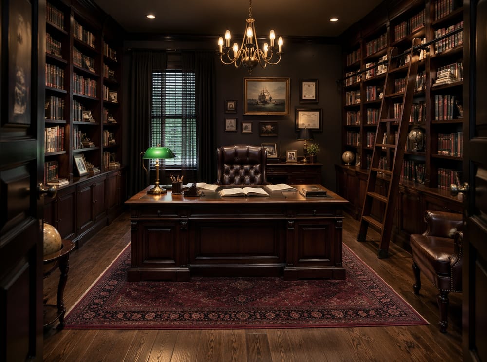 Ufficio stile biblioteca con scala scorrevole e lampada da banchiere