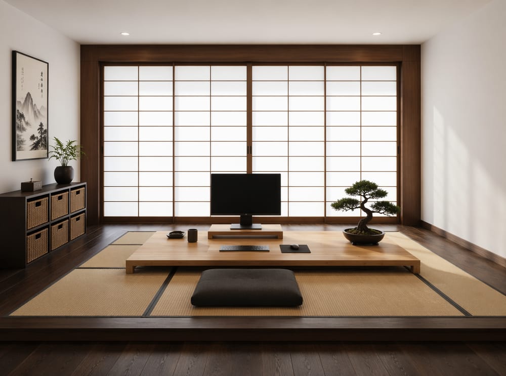Scrivania piatta su tatami, pannelli shoji