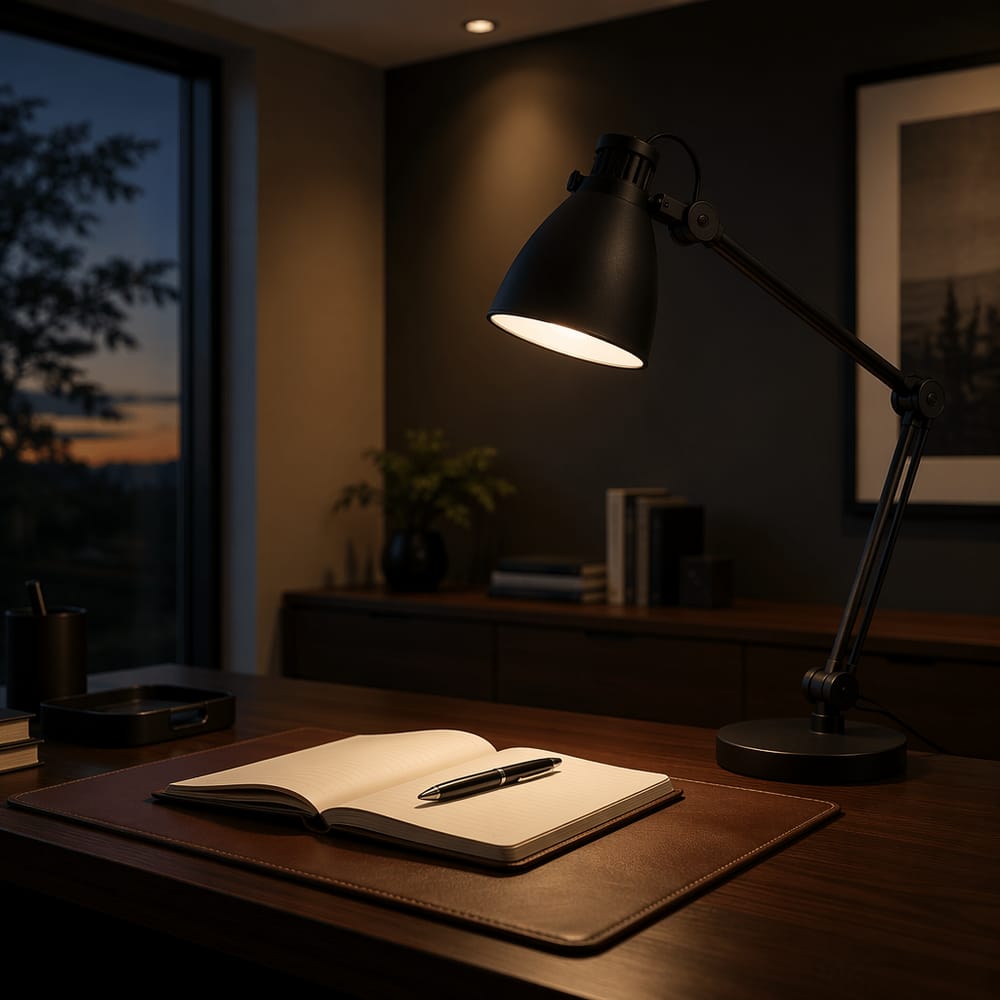 Lampada nera opaca illumina il quaderno al tramonto
