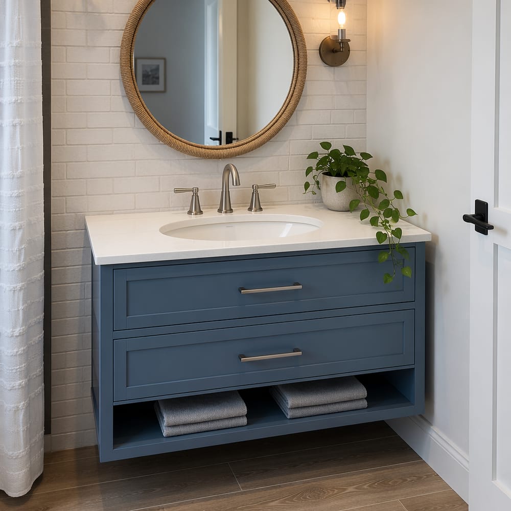 Specchio in rattan sopra lavabo sospeso blu polveroso