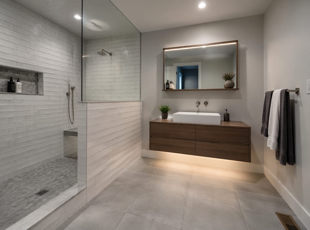 Doccia walk-in con seduta vicino al lavabo sospeso