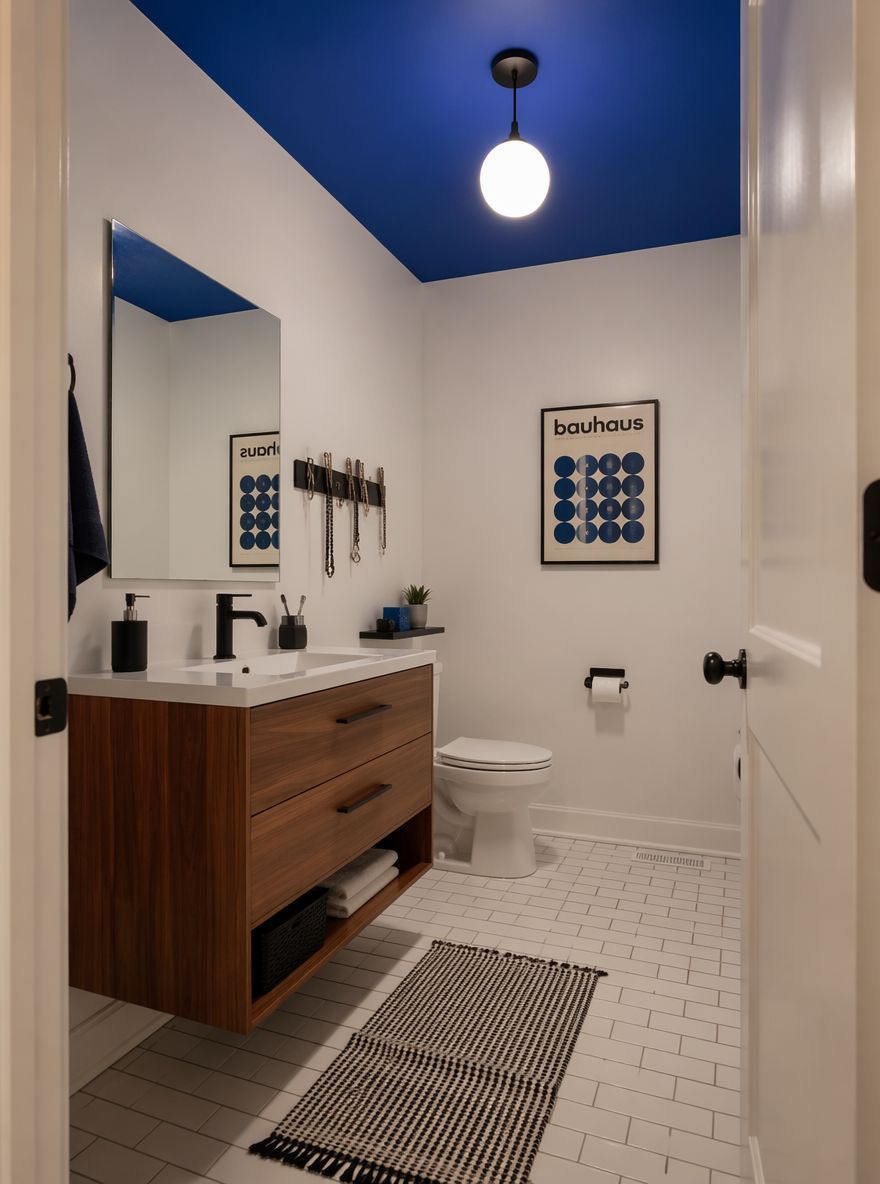 Soffitto blu cobalto sopra pareti bianche e rubinetteria nera