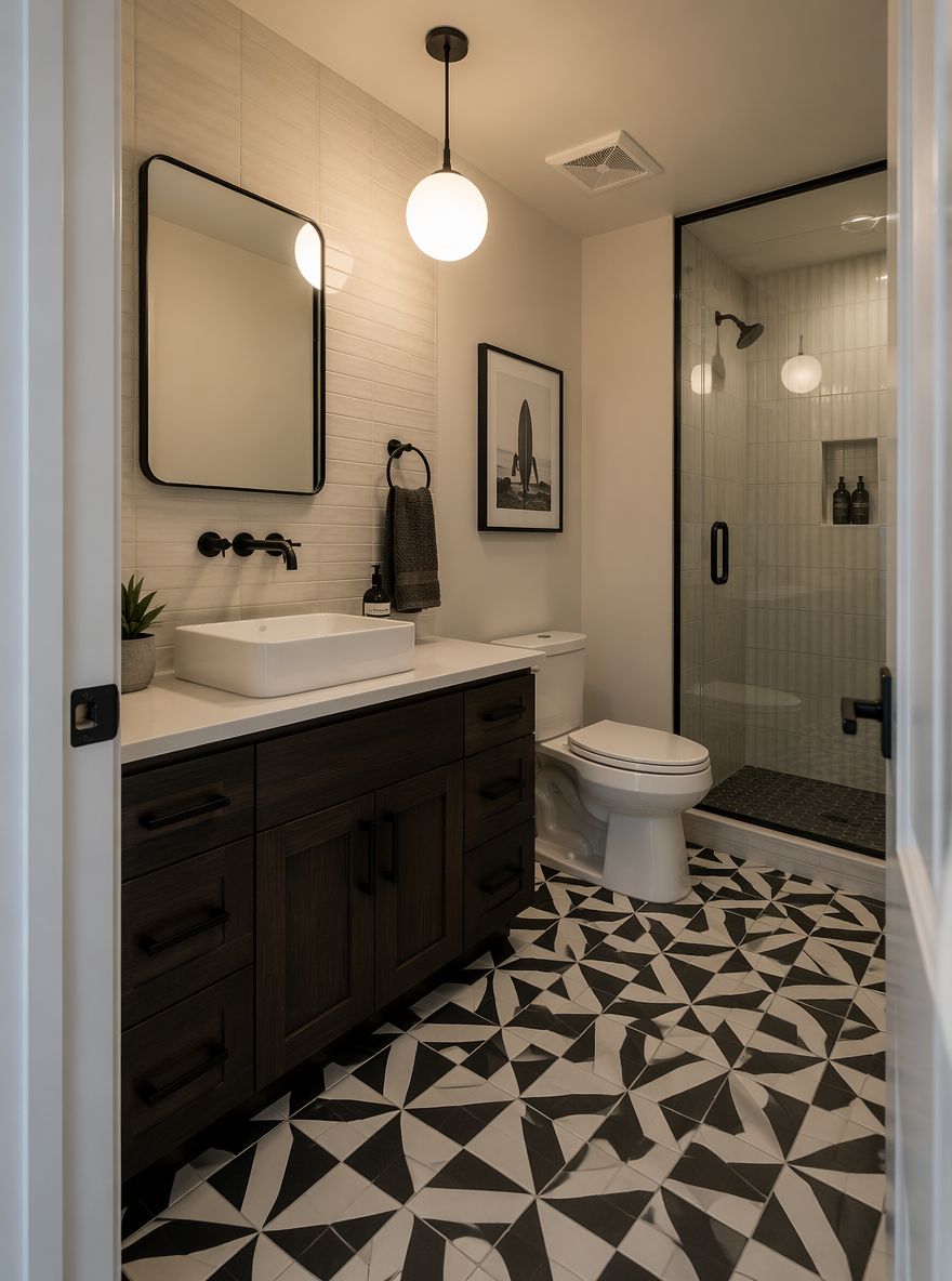 Lavabo d’appoggio su mobile espresso con piastrelle geometriche a pavimento