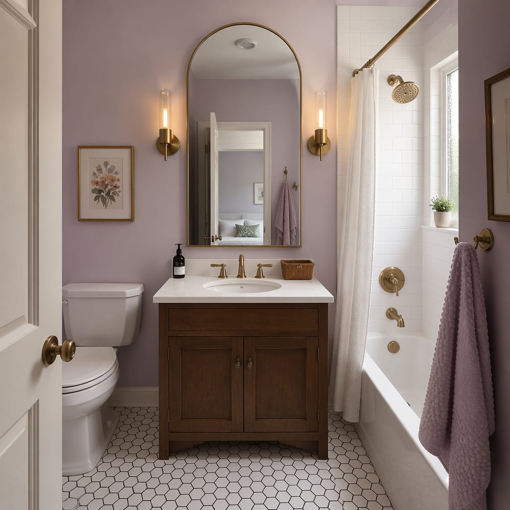 Specchio ad arco fino al soffitto con pareti lilla