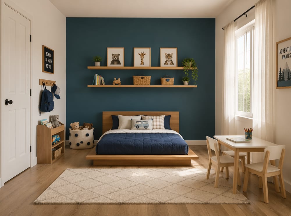 Cama tipo plataforma centrada con mesa de juegos junto a la ventana