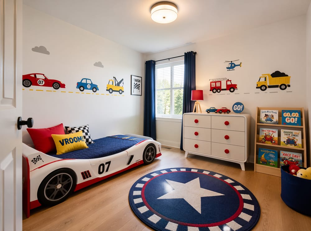 Cama de auto de carreras con cómoda baja y libros ilustrados