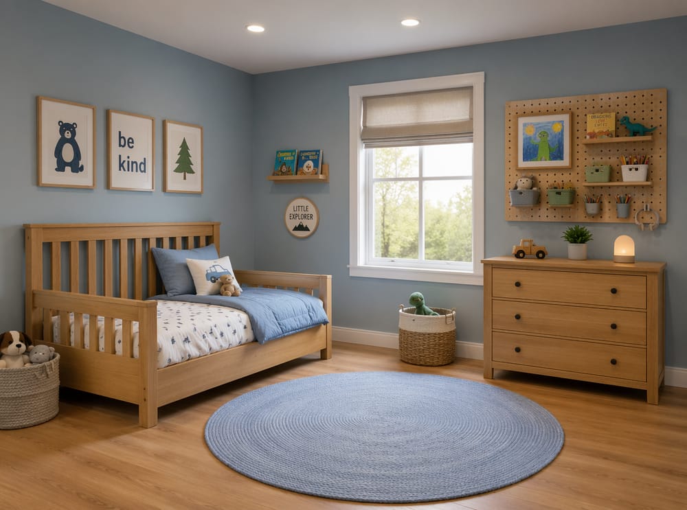 Cama convertible de roble y pared de almacenaje con panel perforado