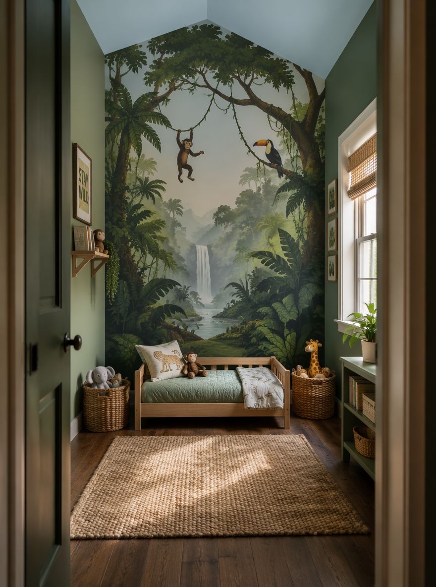 Mural de selva detrás de cama baja de madera centrada