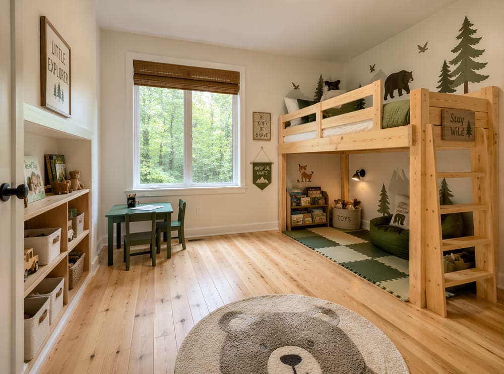 Cama tipo loft baja con espacio de juegos debajo
