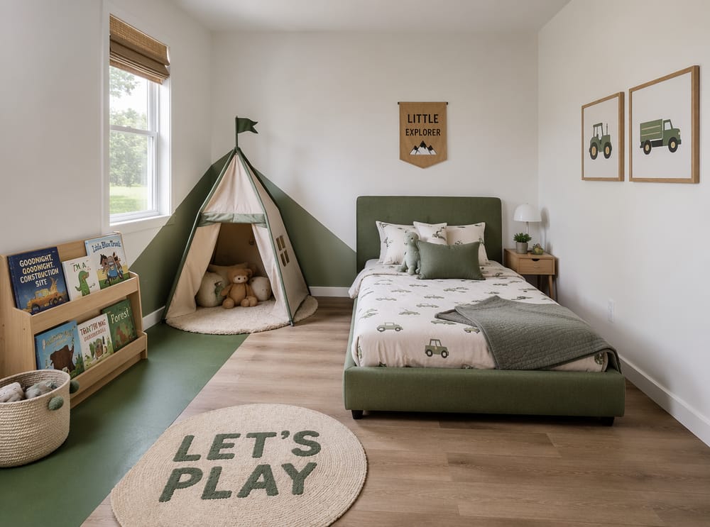Cama tapizada verde y carpa de juegos en la esquina