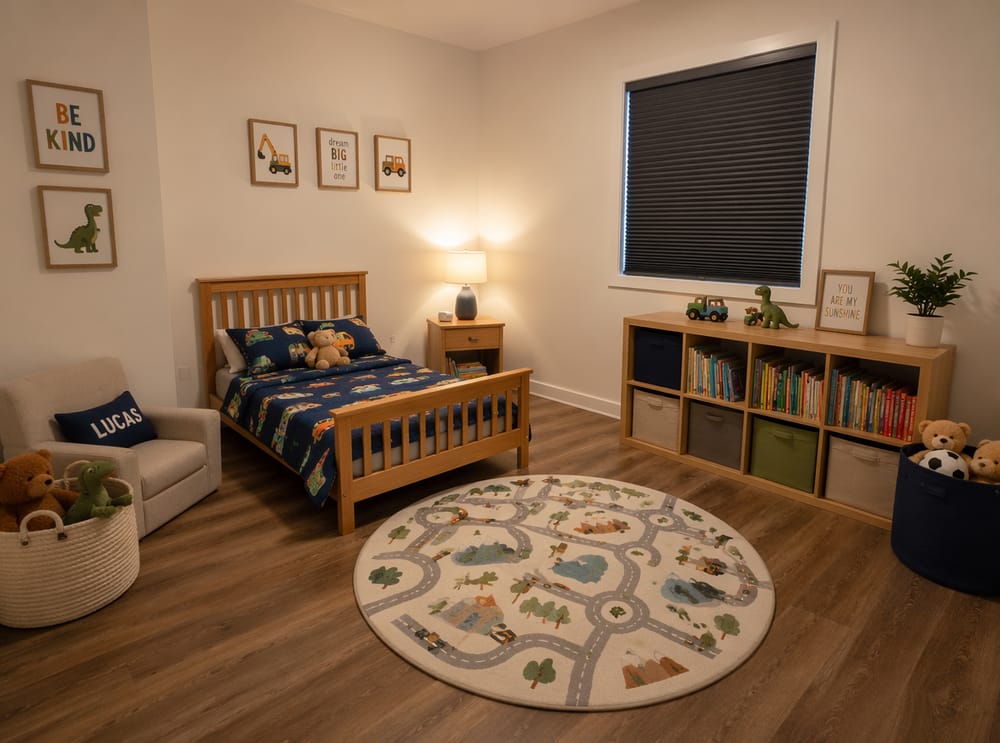 Cama con cabecera de listones y librero a lo largo de la pared