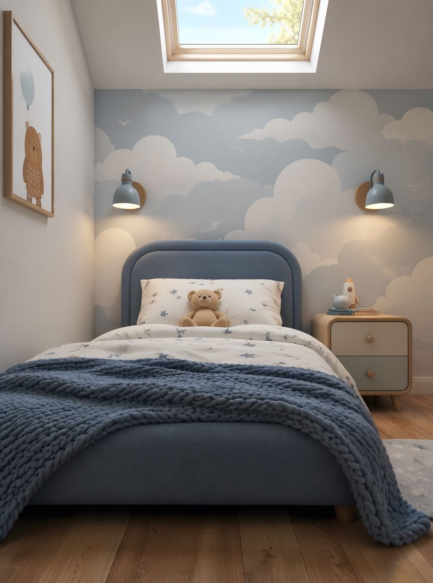 Mural de nubes detrás de cabecera azul acolchada