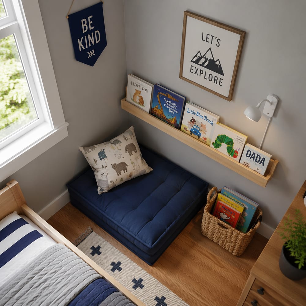 Rincón de lectura bajo con estante para libros de frente
