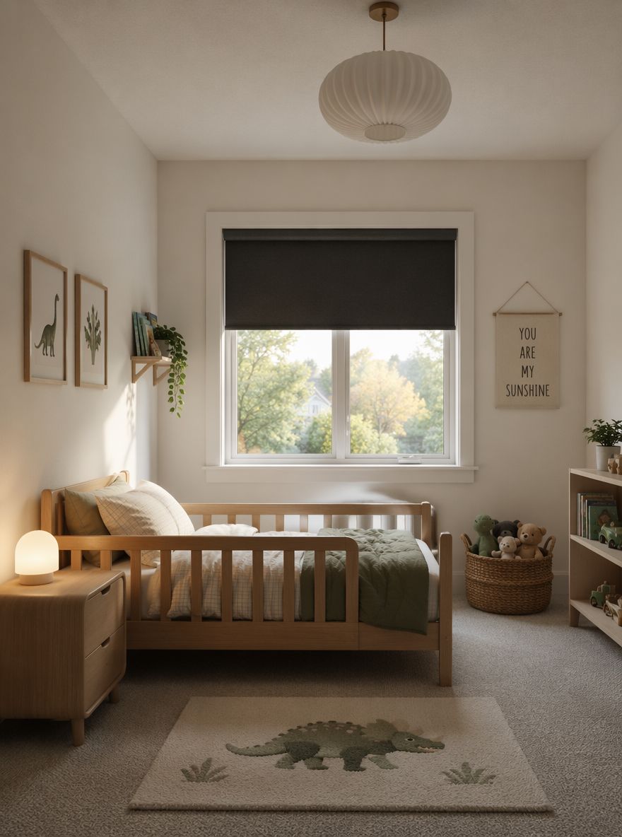 Cama de listones perpendicular a la ventana con luz de noche