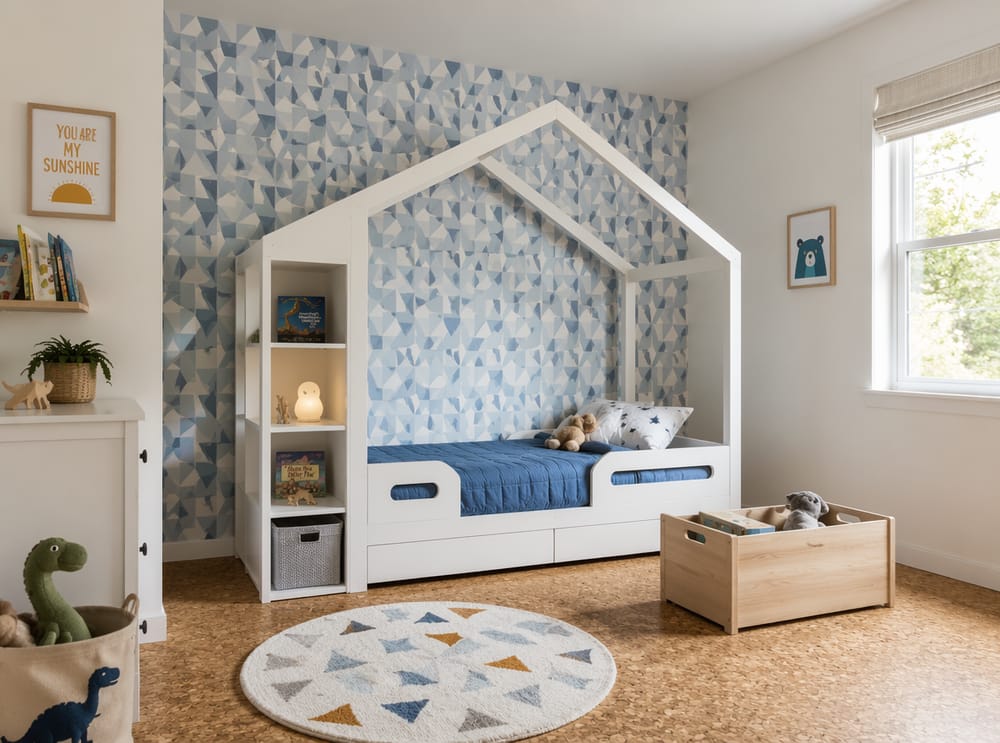 Cama tipo casita con estante integrado y piso de corcho