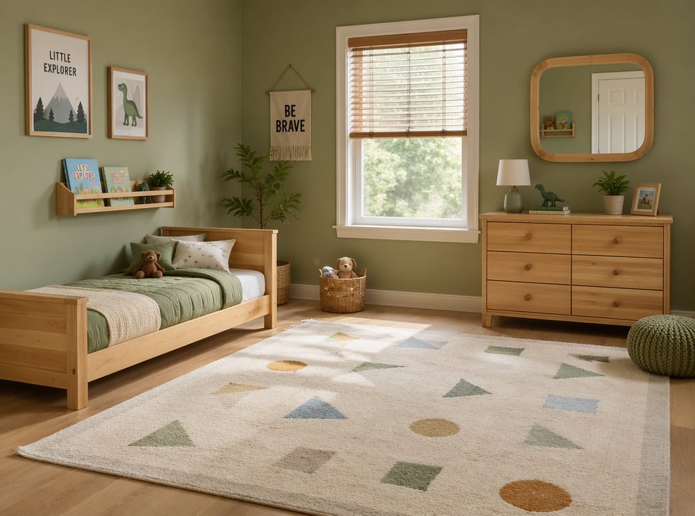 Cama y cómoda de madera natural en paredes verde salvia