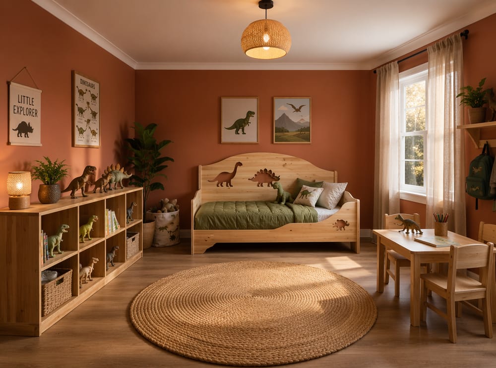 Cama con cabecera de dinosaurio y paredes terracota