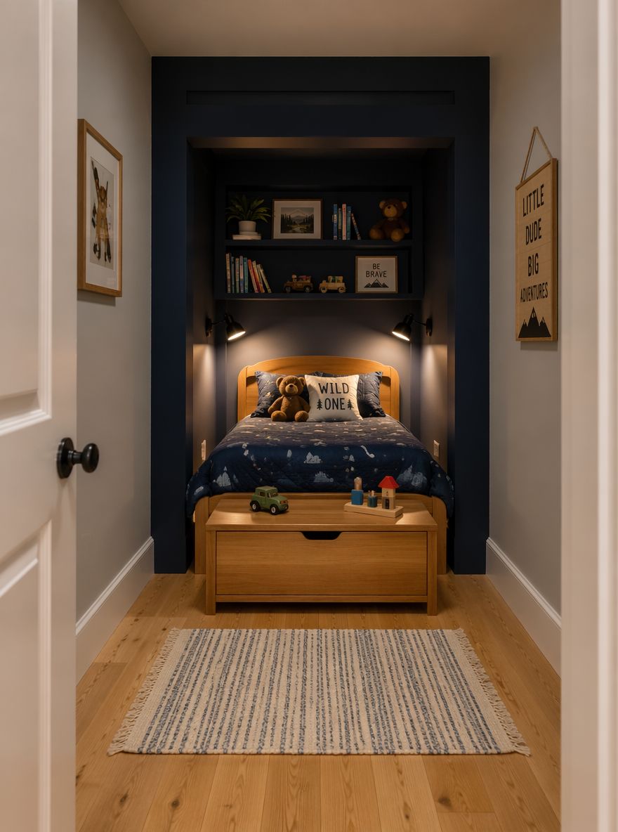Cama empotrada azul marino con luces de lectura en la pared