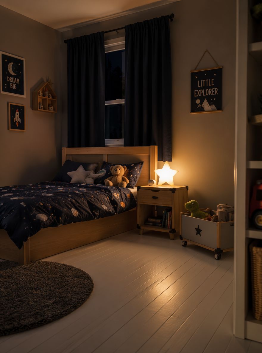 Cama bajo la ventana con luz nocturna de estrella