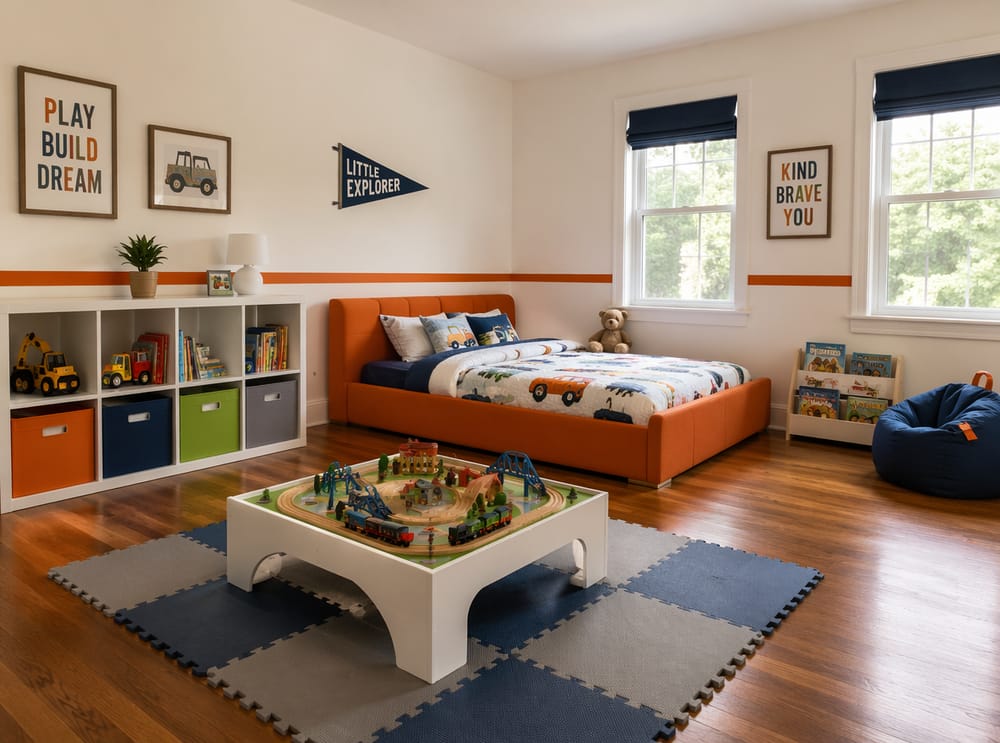 Cama tapizada naranja con mesa de tren sobre tapete de espuma