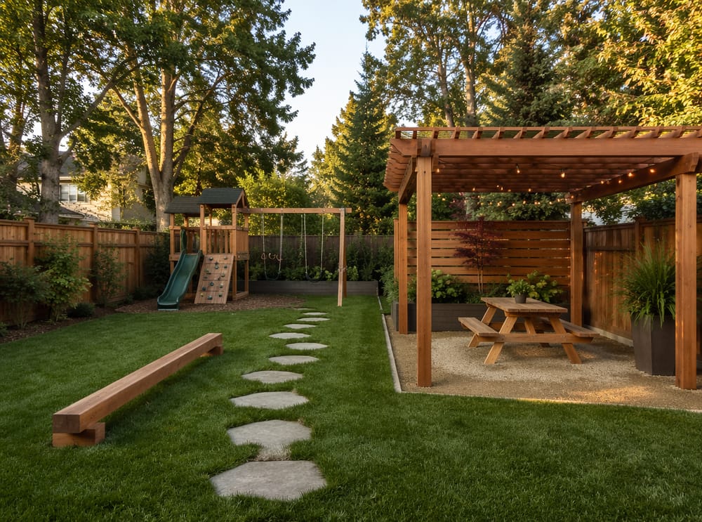 Evenwichtsbalkpad naast een schaduwrijke picknickpergola