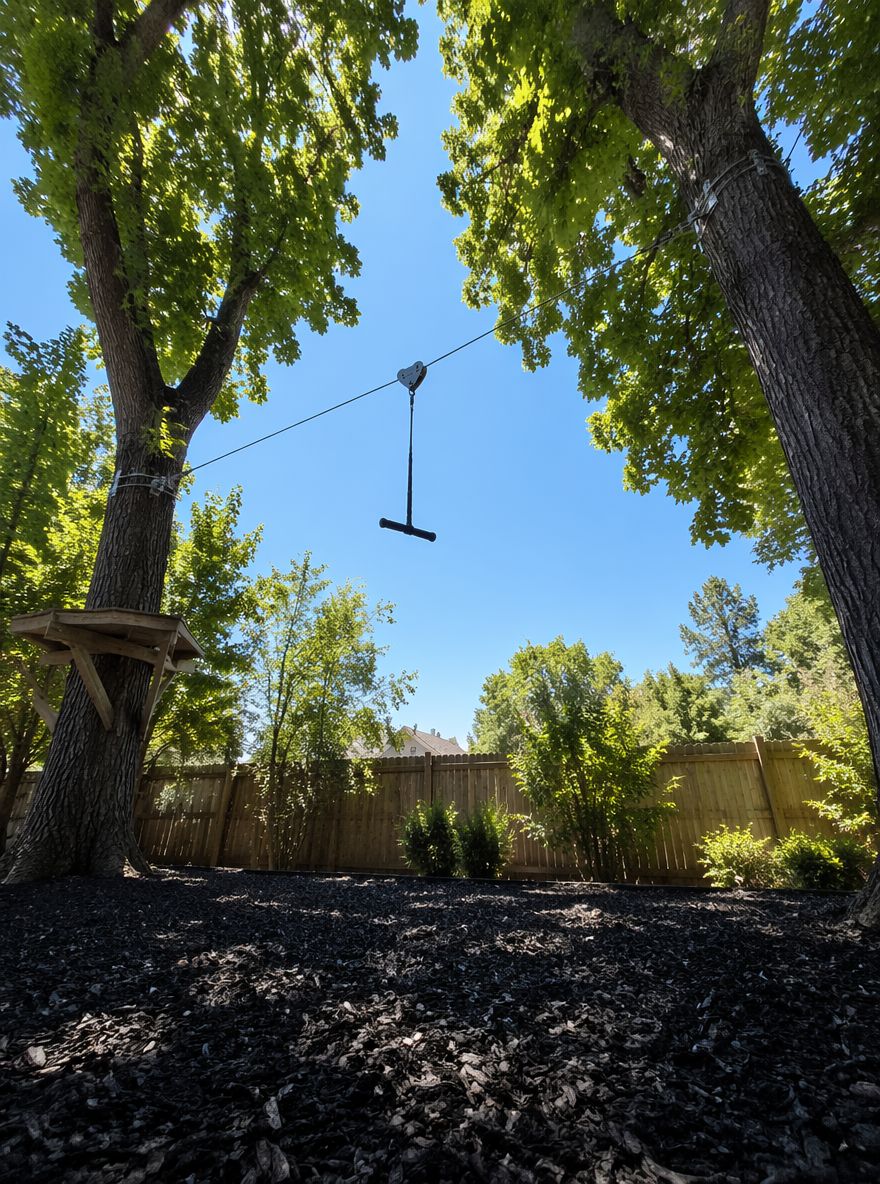 Kabelbaan tussen twee bomen in de achtertuin