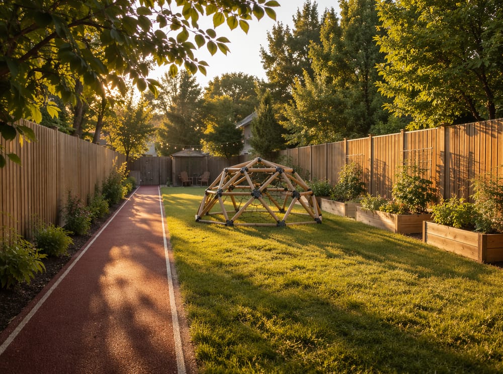Klimkoepel in het midden van een smalle, lange tuin