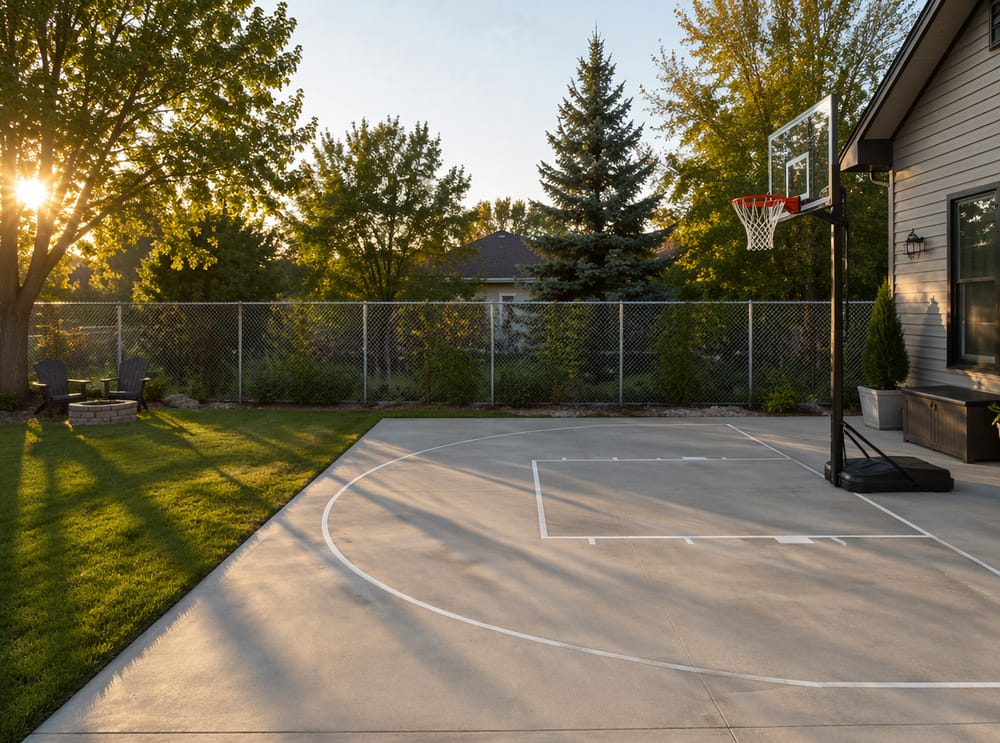 Betonnen veld met belijning en basketbalring