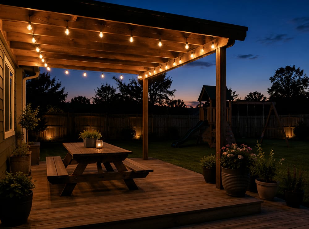 Sfeerverlichting boven het avondterras in de tuin