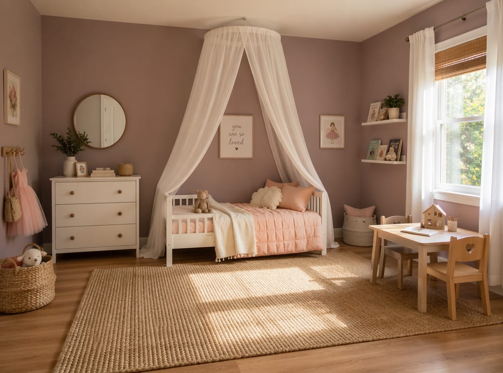 Cama con dosel centrada con mesa de juegos al lado