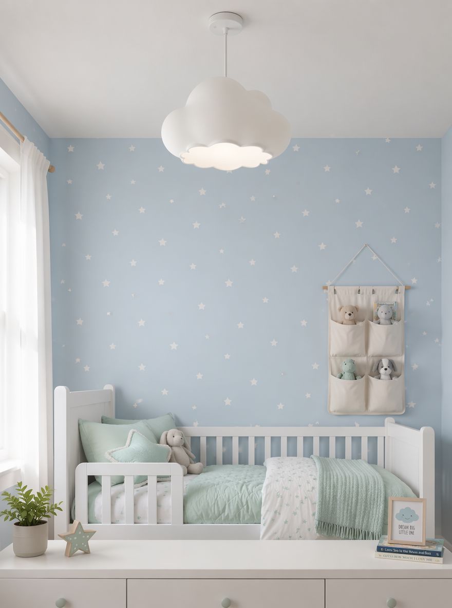 Lámpara nube sobre cama menta para niña