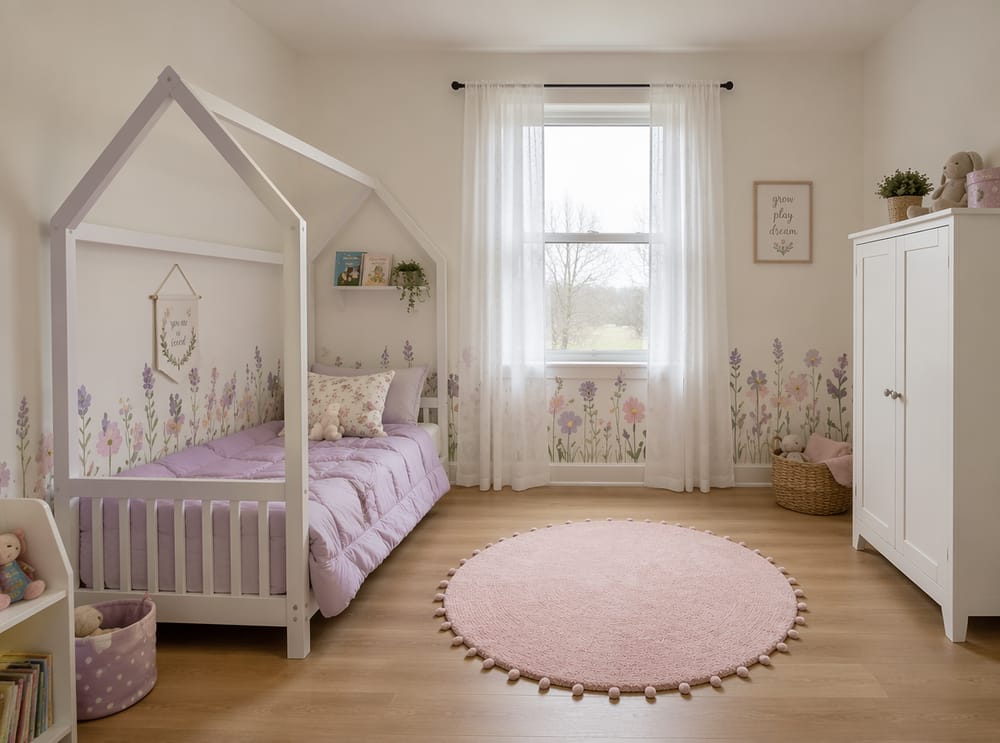 Cama en forma de casa junto a armario blanco bajo