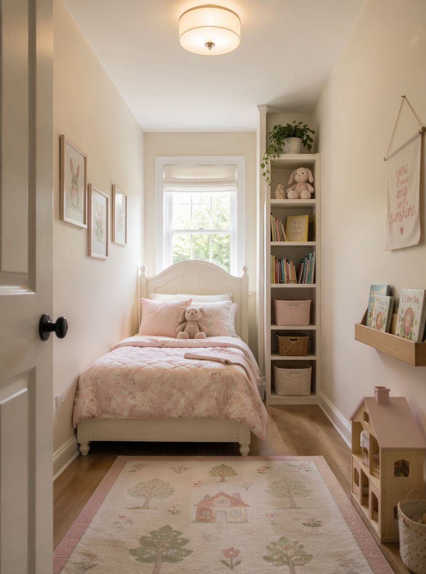 Habitación angosta con estantería alta junto a la cama
