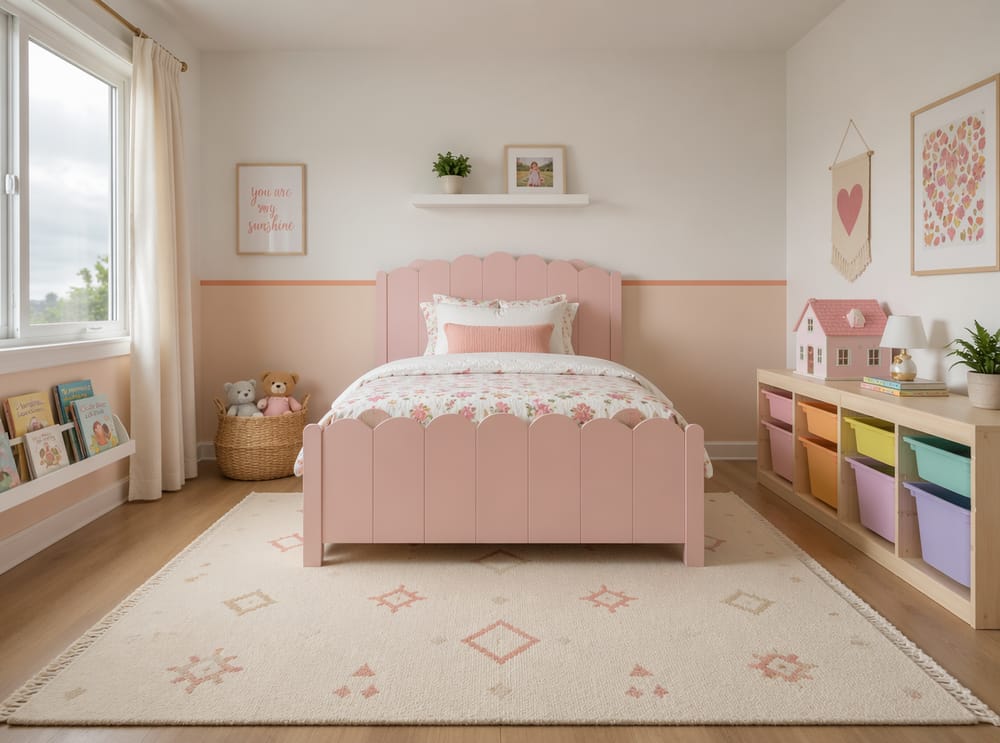 Cama rosa con bordes en escamas y repisa flotante arriba
