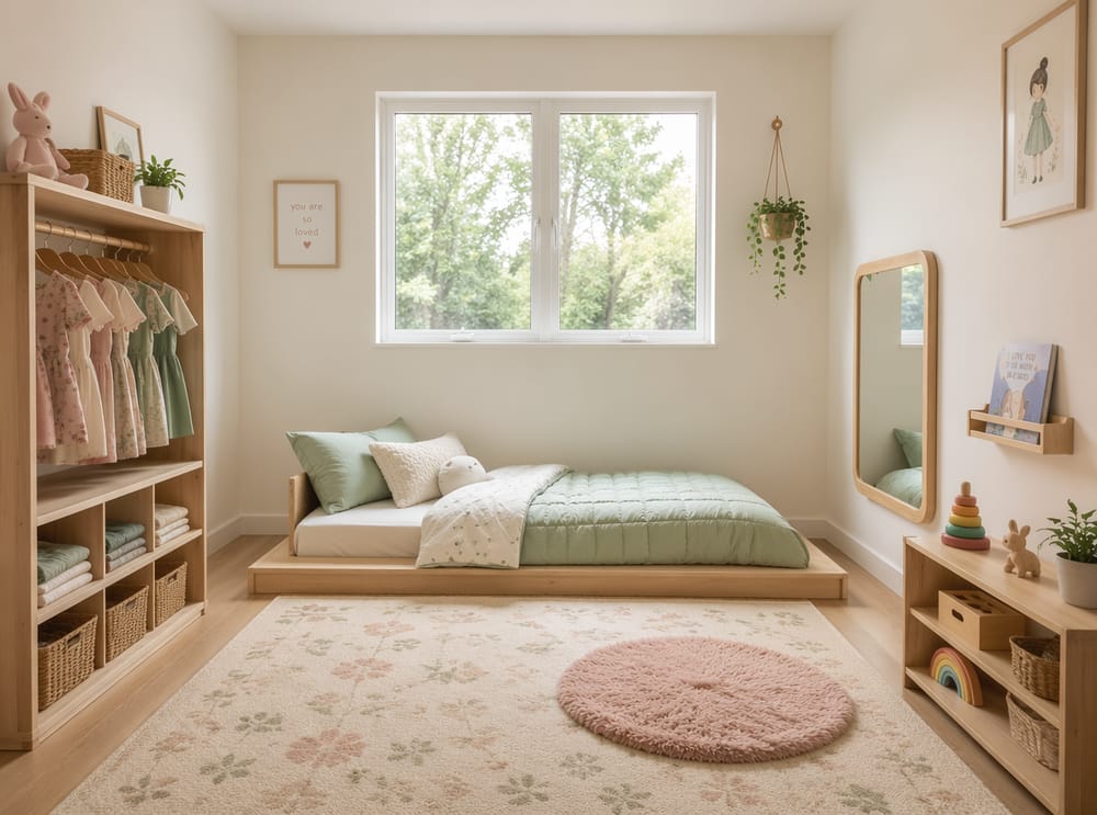 Cama Montessori a nivel del suelo con guardarropa abierto