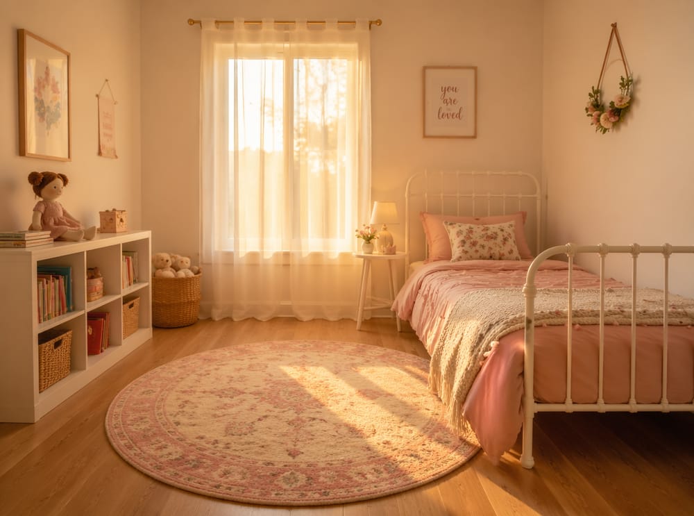 Cama de hierro infantil con luz cálida de atardecer
