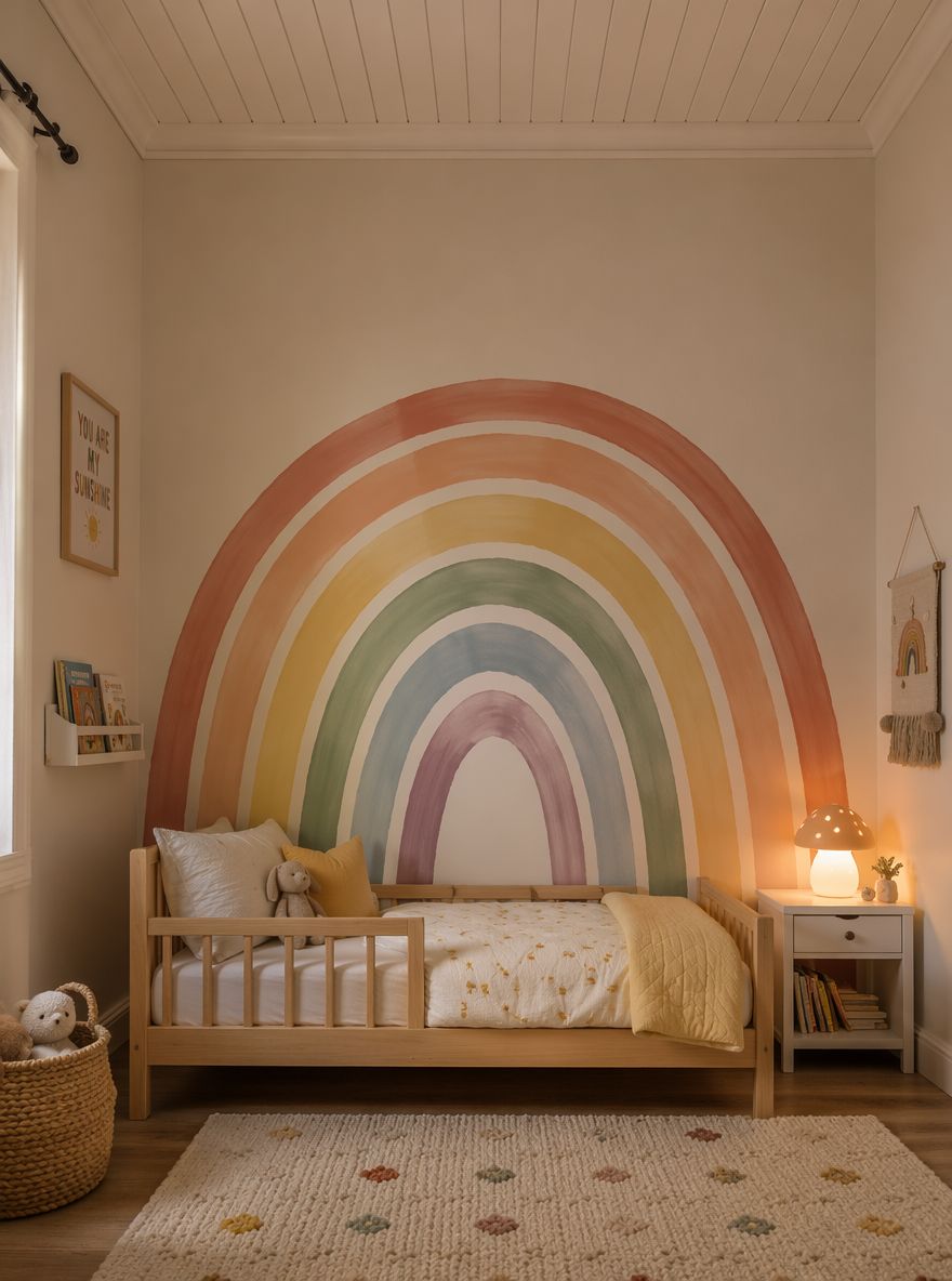 Mural arcoíris pintado a mano detrás de la cama