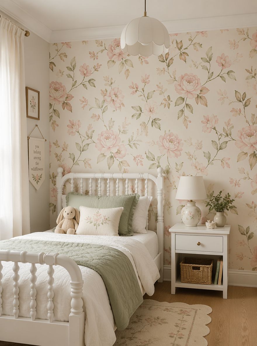 Pared acento con papel floral detrás de cama de barrotes