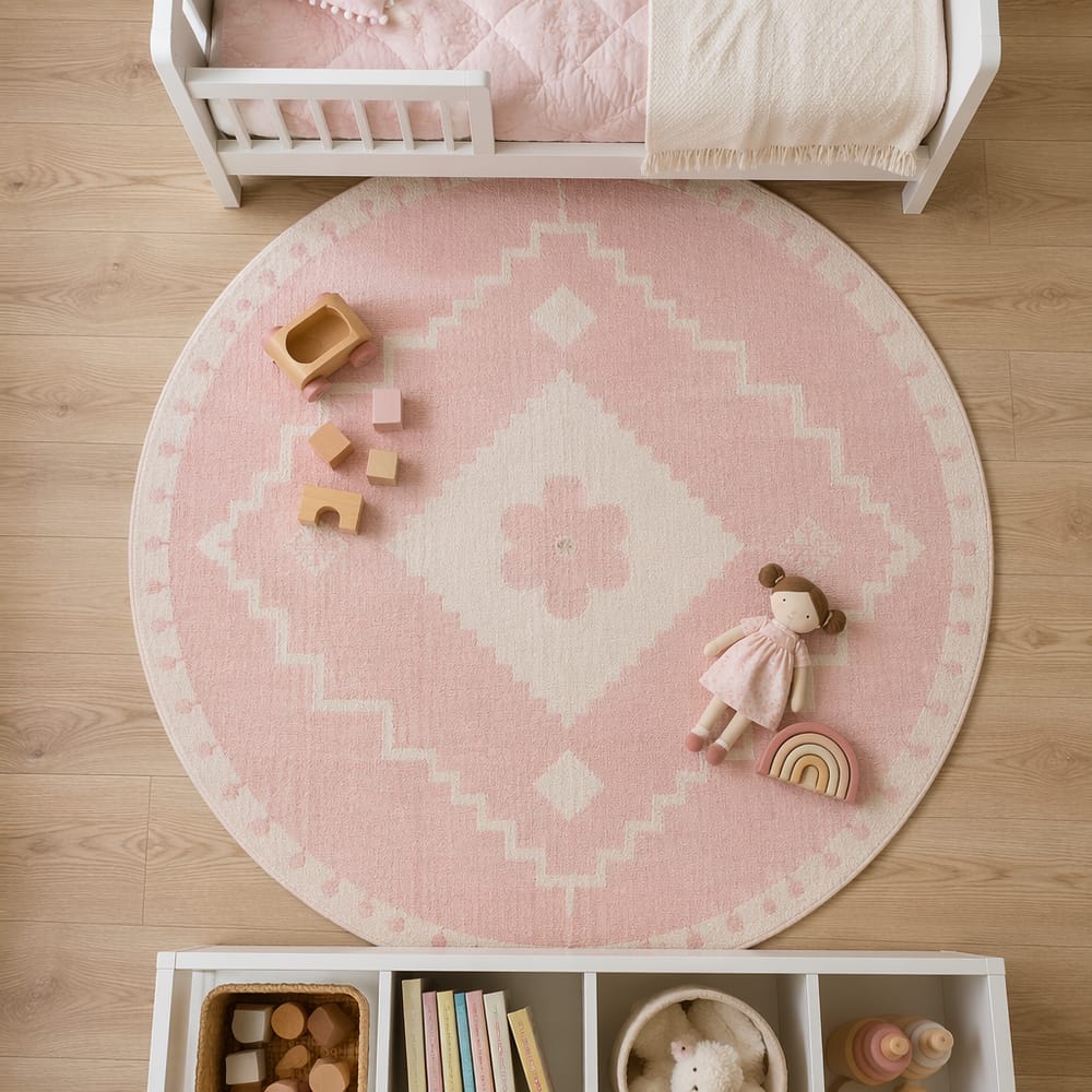 Vista superior de alfombra de juegos con juguetes de madera