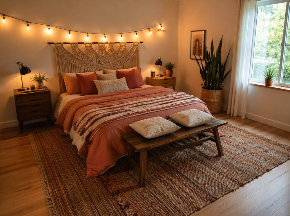 Makrome başlık, toprak terracotta ve krem yatak takımı