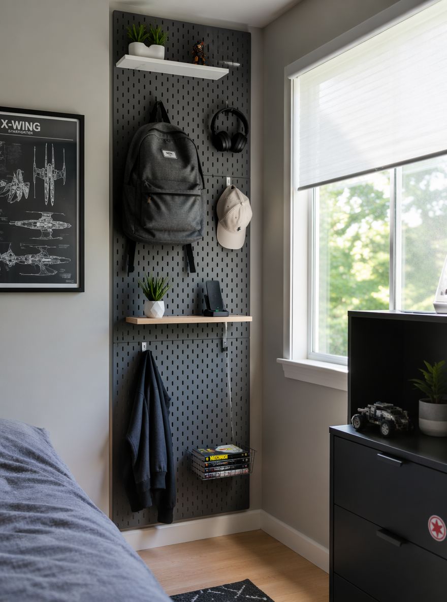 Tavan-dan tabana pegboard günlük eşyaları organize ediyor
