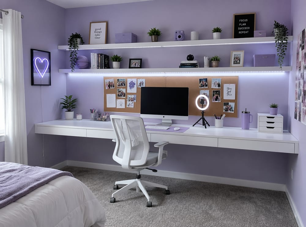 LED-y pod półką nad szerokim biurkiem przy ścianie