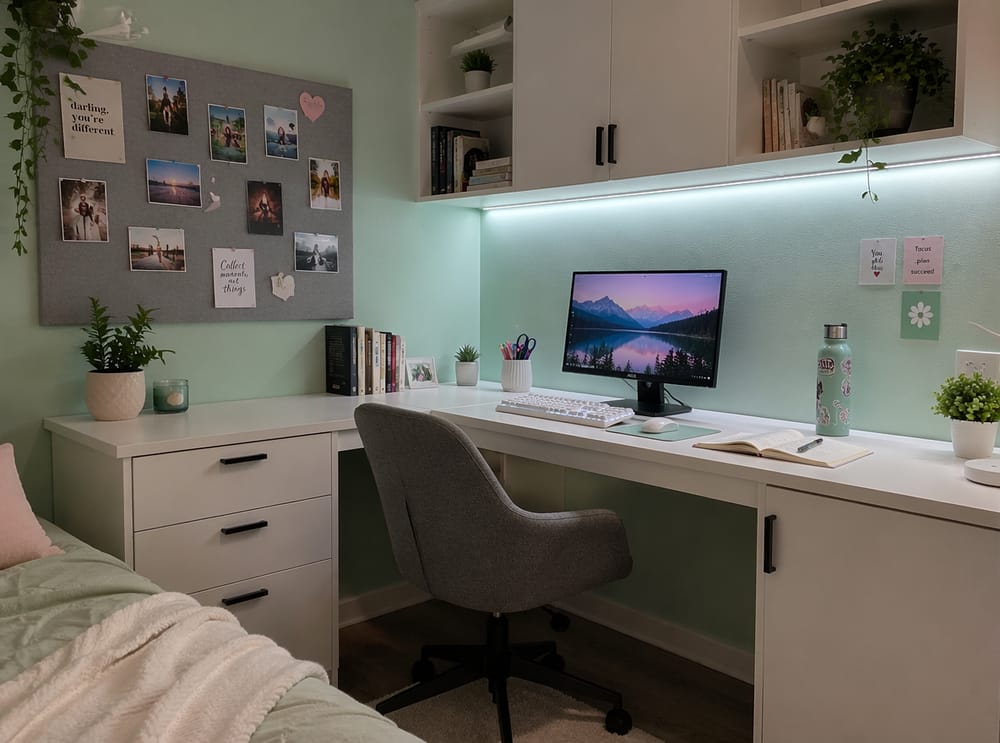 Biurko w kształcie L z LED-owym światłem roboczym pod szafką