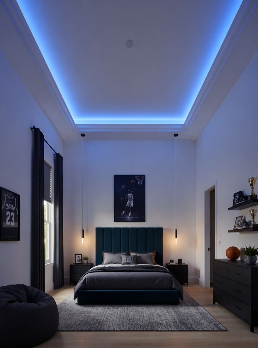 LED-y schowane w gzymsie podświetlają biały sufit na niebiesko