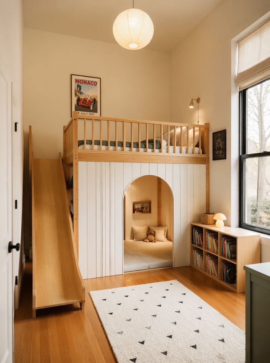 Altında ahşap oyun alanı olan yükseltilmiş loft