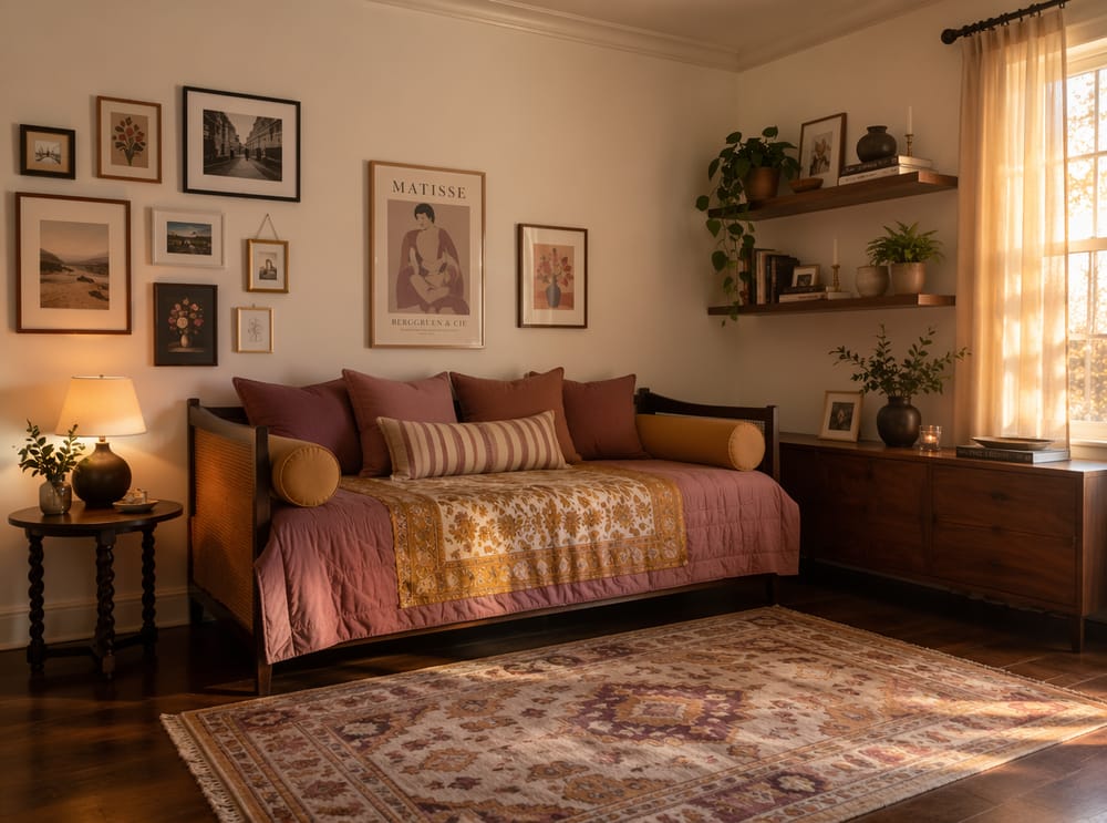 Sofa typu szezlong z galerią ścienną